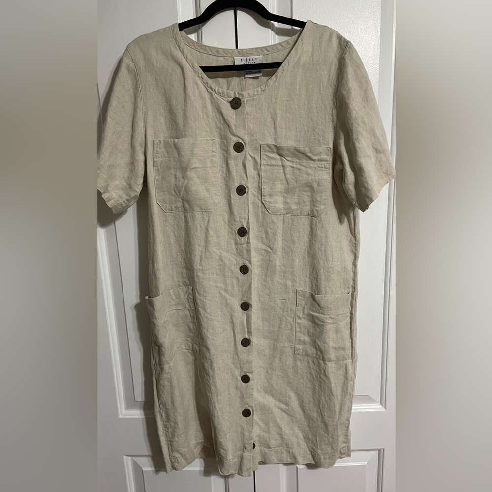 J.JILL 100% Linen Midi Dress / Beige / Front Pockets/ Botton/ Size MP